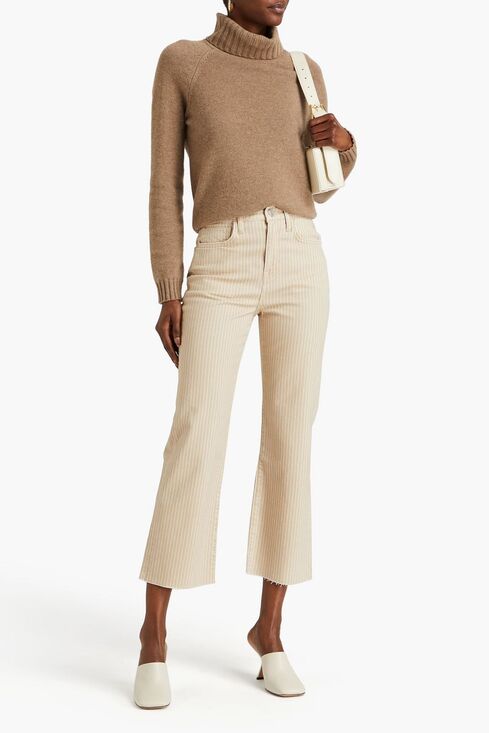 Frame Denim Denim - Frame Le Jane Striped Jean Crop Flare Sand Tan High Rise 27 Raw Cuff Preppy